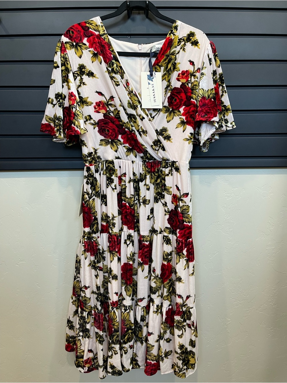 JessaKae Ivory Midi Dress with Red Rose Print